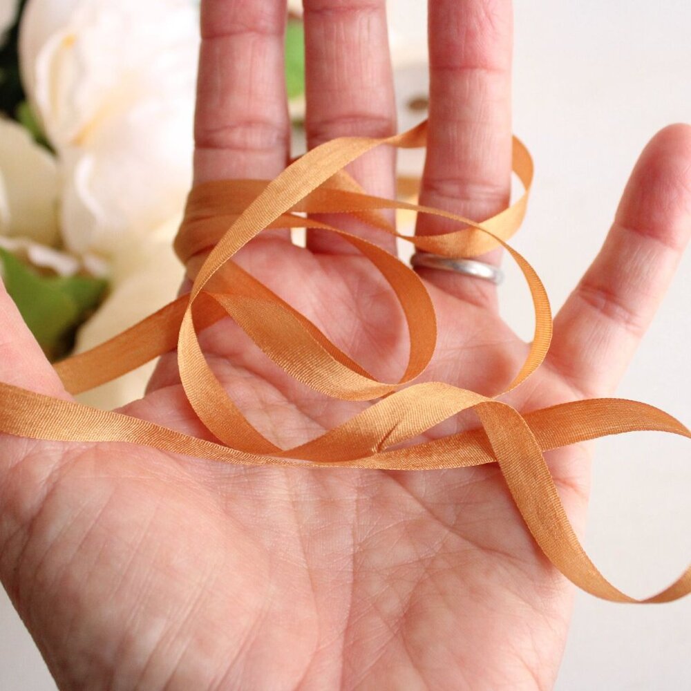 Silk Ribbon Trim in Gold, 7mm Wide,  1/4", 5 yard - Picture 5 of 10